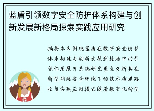 蓝盾引领数字安全防护体系构建与创新发展新格局探索实践应用研究